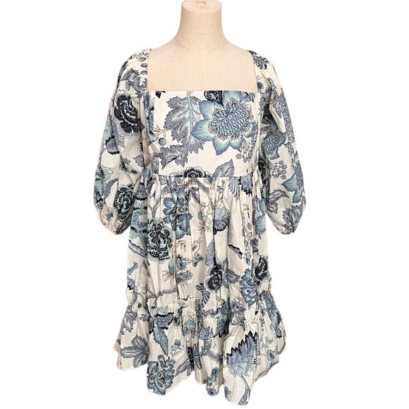 Cara Cara Jacobean Blue Floral Sip Sip Bubble Puff Sleeve Mini Dress NWT…